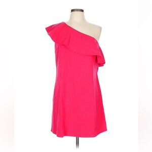 French Connection one shoulder, ruffle accents, pink cocktail dress. Size 8